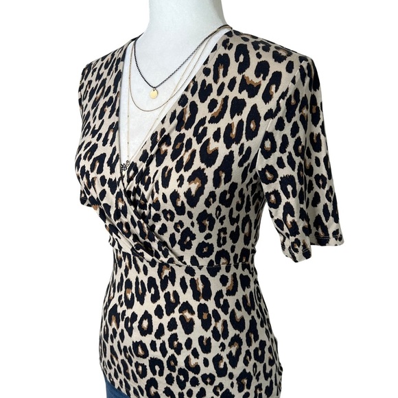 Ann Taylor Factory Faux Wrap Leopard Animal Print Belted Top Tan Black Brown XS - Picture 11 of 12